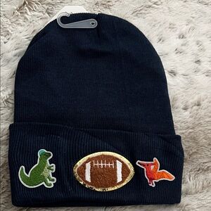 Kids Black Beanie with Dinosaur and Football Patches
